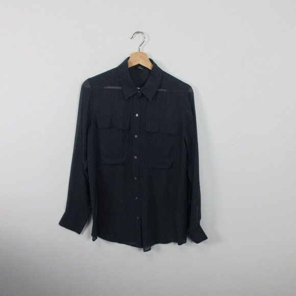 Club Monaco Silk Polkadot Button Front Blouse Women S Navy Pockets Sheer 94 - Picture 1 of 9